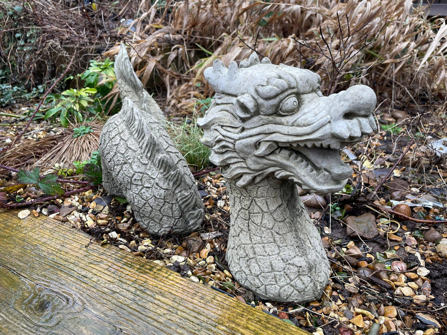 Garden Stone Chinese Dragon 3pc Statue - Backyard Bliss