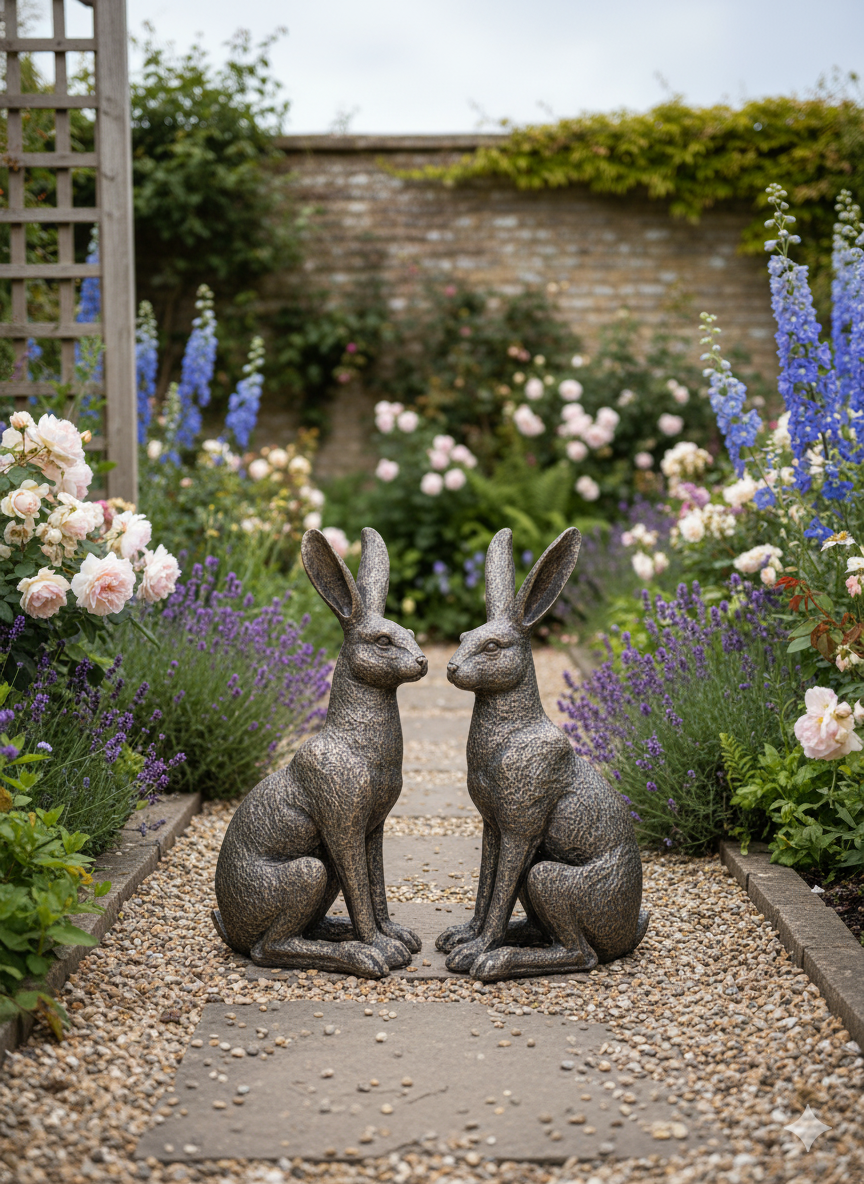 Large New Bronze March Hares Ornament Set