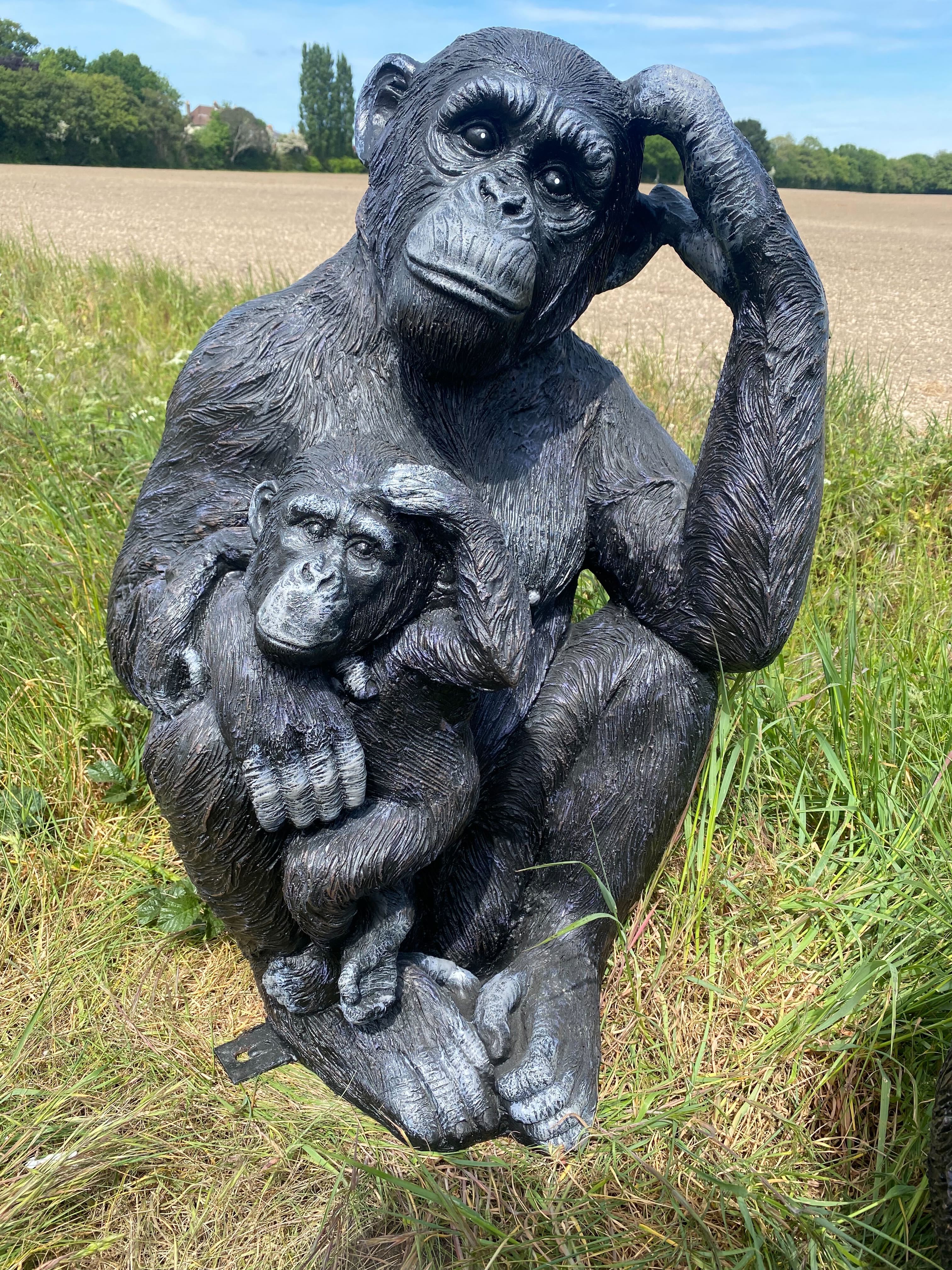 Life-Size Chimp with Baby Garden Ornament