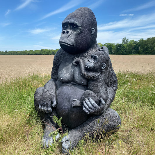 Life-Size Gorilla with Baby Garden Ornament