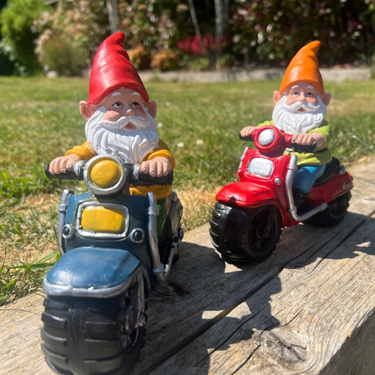 Biker Gnome Garden Ornament Pair