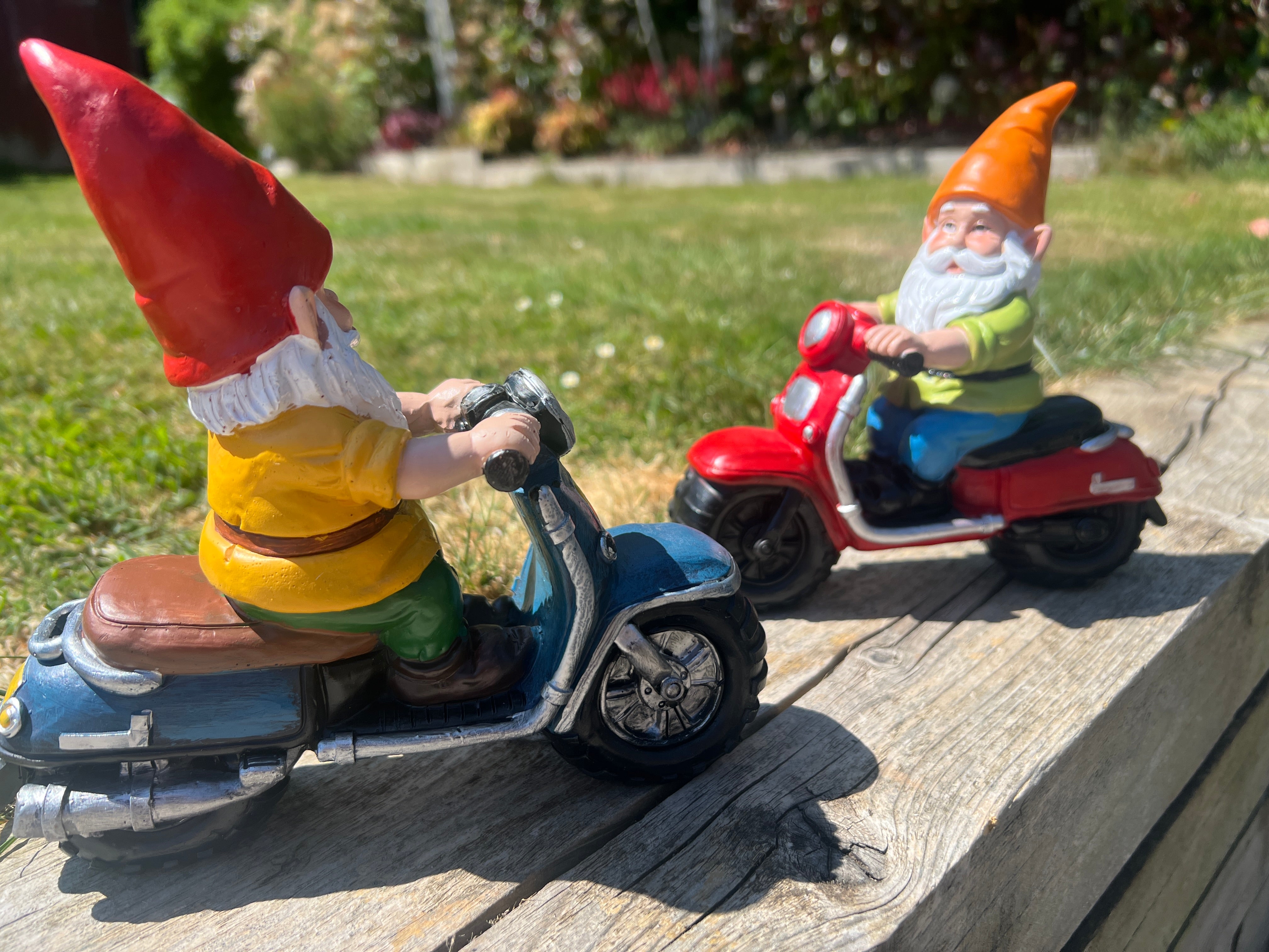 Biker Gnome Garden Ornament Pair