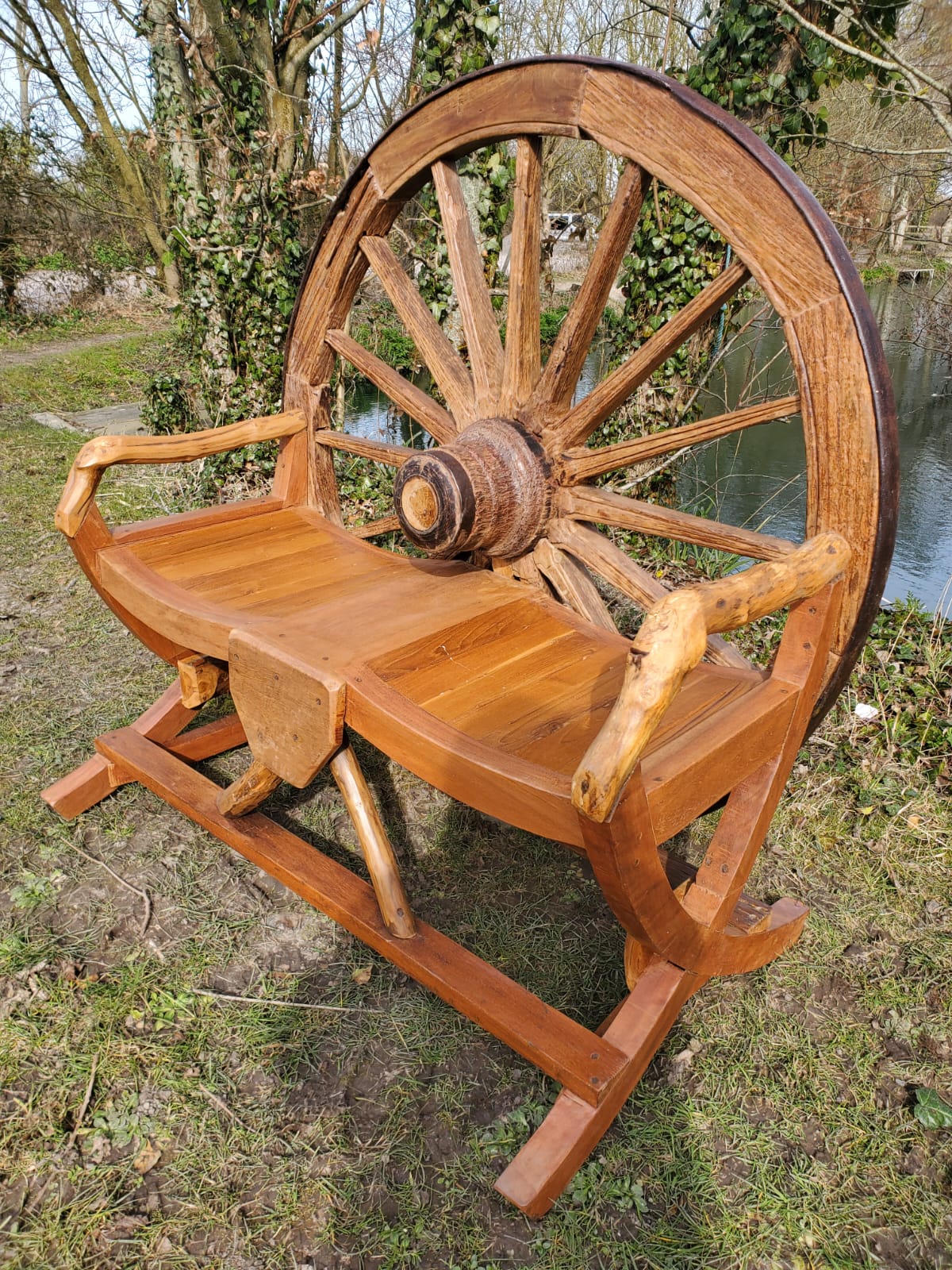 Handcrafted Wagon Wheel Bench