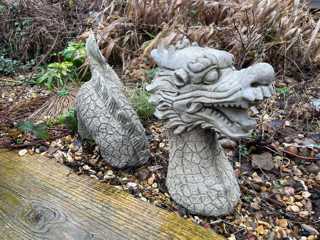 Garden Stone Chinese Dragon 3pc Statue - Backyard Bliss