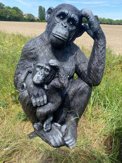 Life - Size Chimp with Baby Garden Ornament - Backyard Bliss