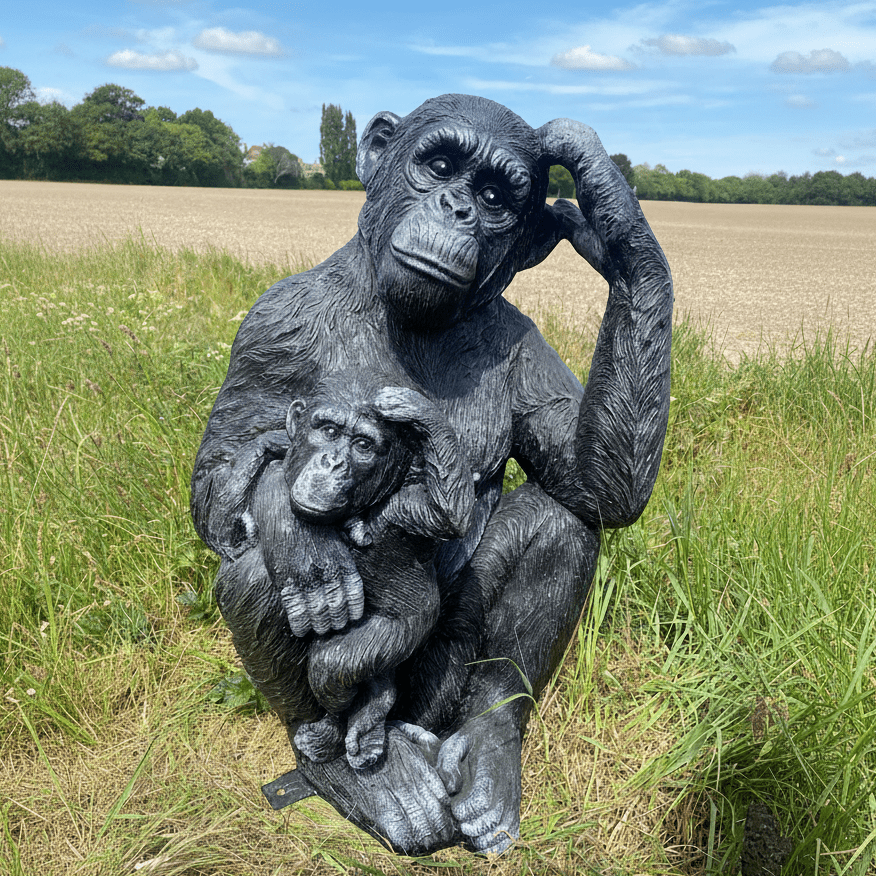 Life - Size Chimp with Baby Garden Ornament - Backyard Bliss
