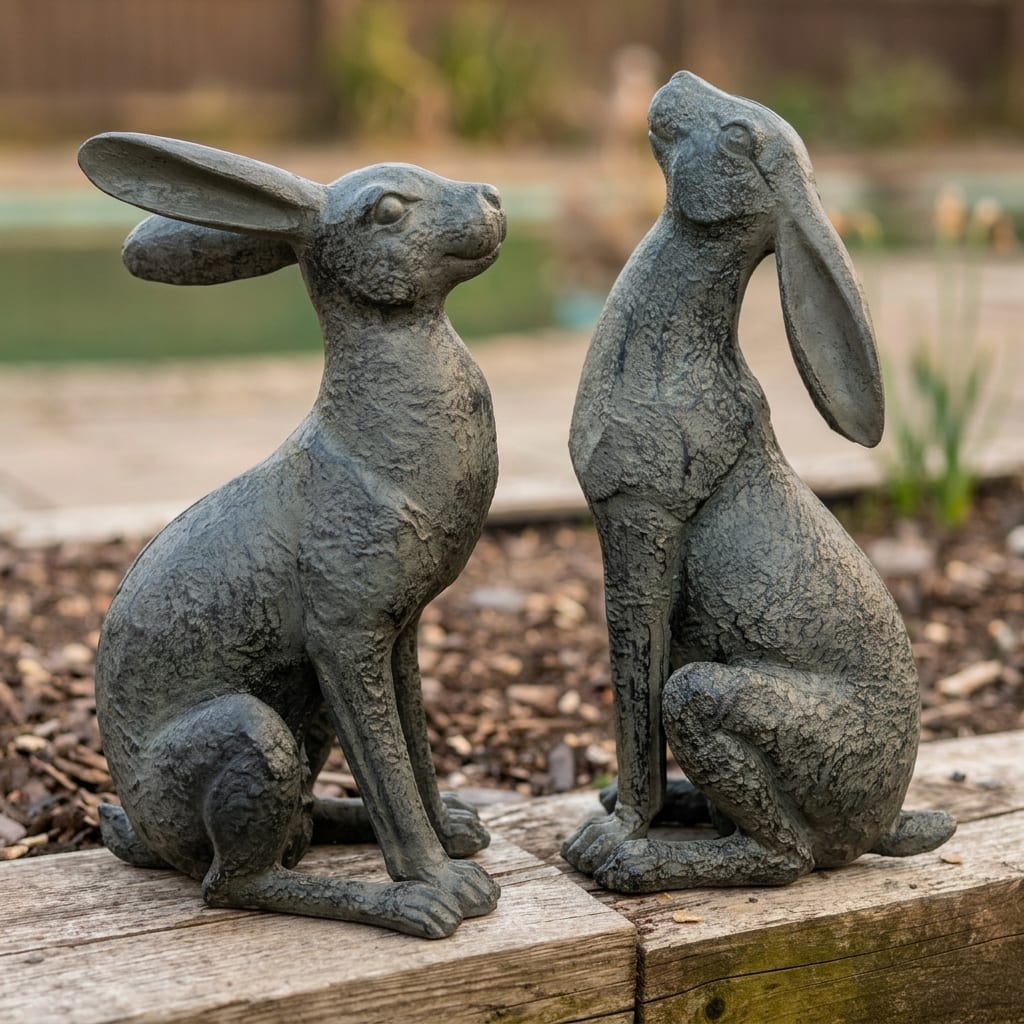 Large Moon-Gazing Graphite Hares Garden Ornament Set