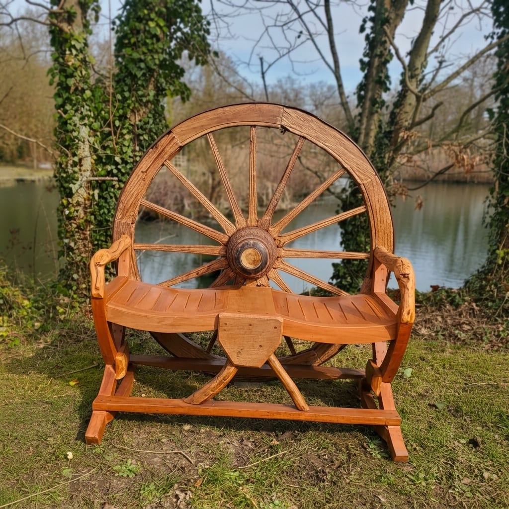Handcrafted Wagon Wheel Bench | Garden Ornament