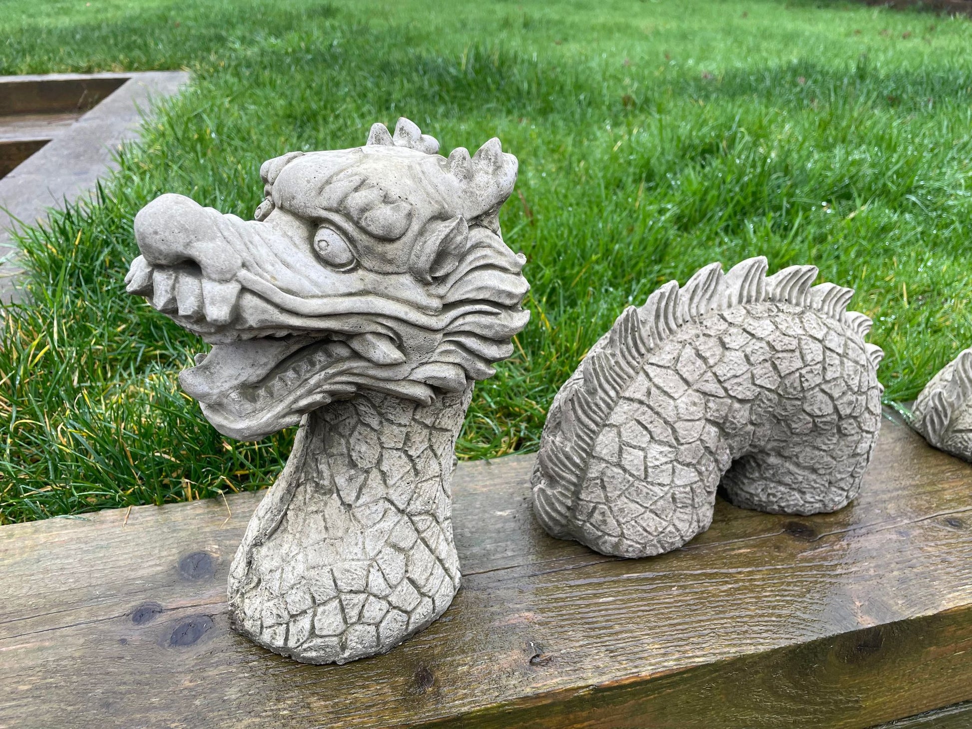 Garden Stone Chinese Dragon 3pc Statue - Backyard Bliss