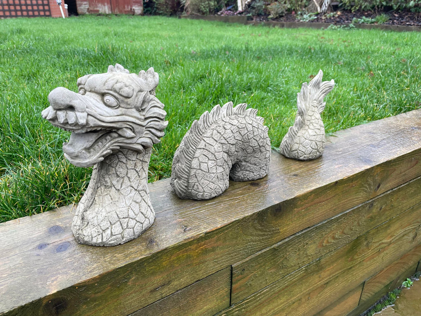 Garden Stone Chinese Dragon 3pc Statue - Backyard Bliss