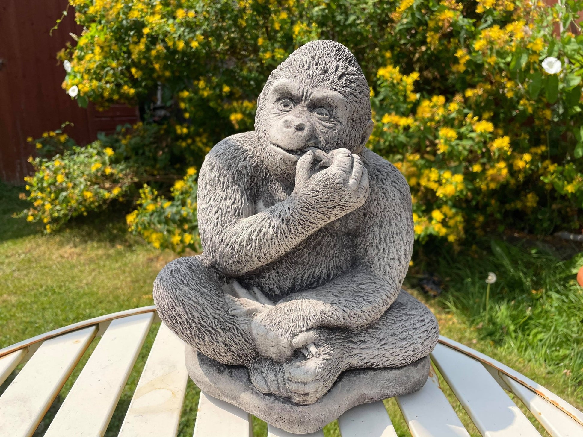 Gorilla eating Banana Stone Garden Statue - Backyard Bliss