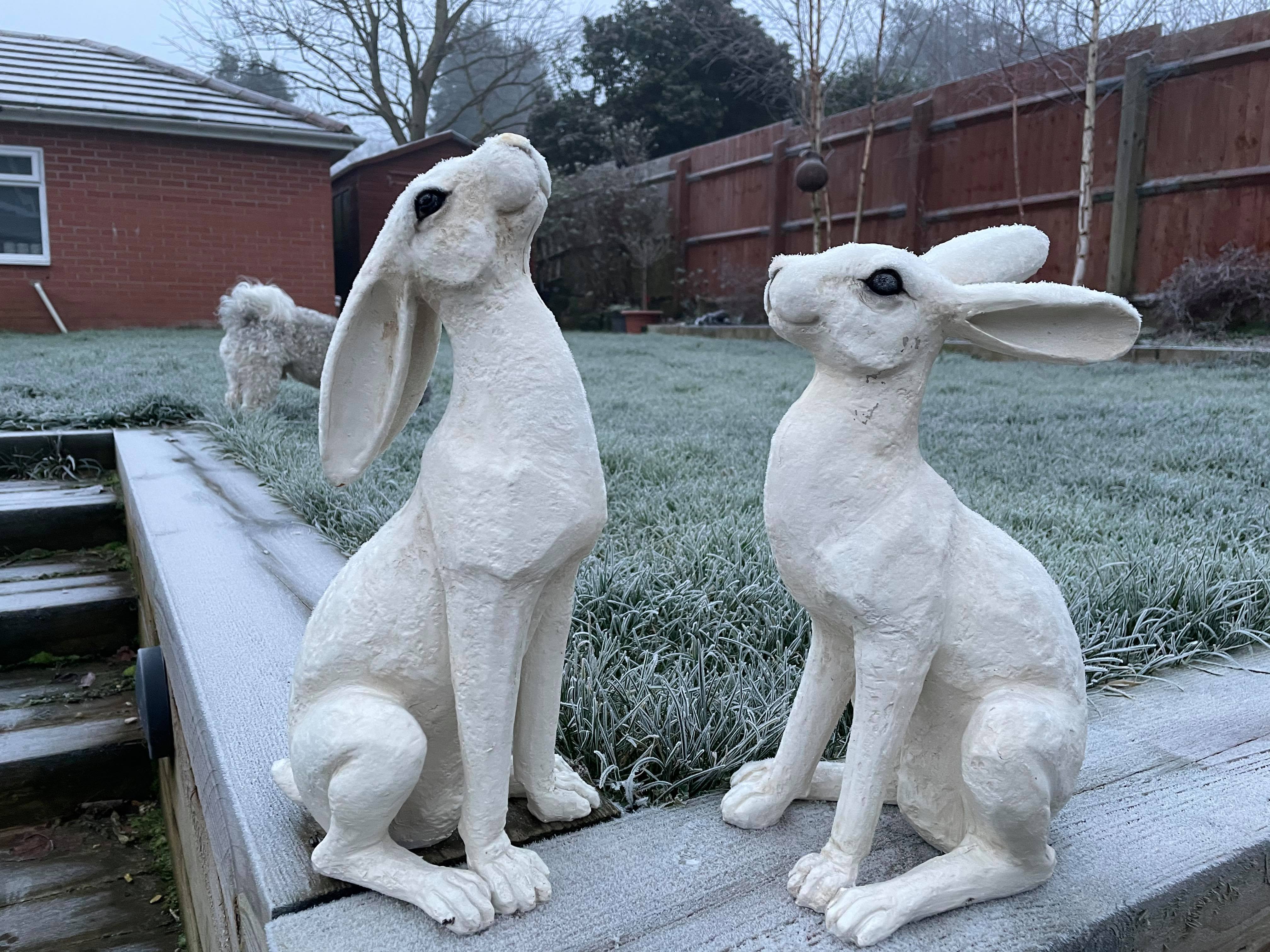 Large White Moon-Gazing Hares Ornament Set